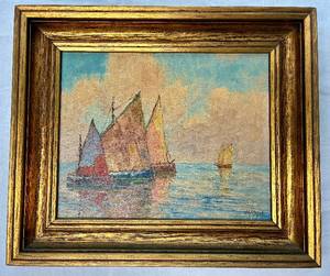 Original Gold-Framed Oil Painting by B. Major - Fishing Boat Landscape 13.5" x 11.5"