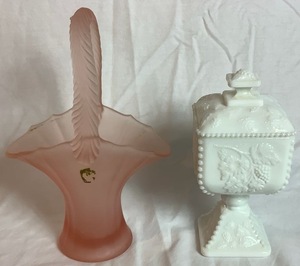 lot 15 image: Westmoreland Grouping - Milk Glass Pedestal Compote 8 H and Pink Frosted Glass Basket 10.5 H