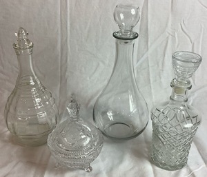 lot 27 image: Bundle of Vintage Decanters and 3 Footed Crystal Bowl with Lid