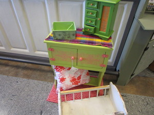lot 196 image: Vintage Cradle, Cabinet, Pillow, Rug