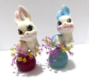 lot 23 image: Two Vintage Flocked Easter Bunnies