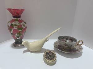 lot 58 image: Misc. Lot Hand painted Vase 6, Mis Match Cup and Saucer and Dove