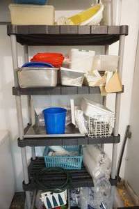 lot 142 image: 5 Tier Poly Shelf and Contents