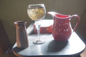 lot 248 image: Enamelware Red Pitcher, Decorative Wine Goblet, Pottery Vase