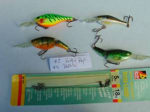 Mixed Lot of 3 - #5 Rapala Rattlin Raps, 1 - #4 Rattin Rap and 3 Pack Leaders
