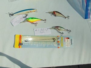 lot 107 image: Mixed Lot of 3 - #5 Rapala Shad Raps, 1 - #10 Rapala Long Cast Lure and 1 - 3 Pack Leaders