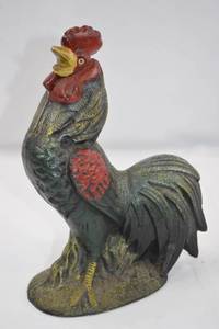 lot 23 image: Vintage Painted Cast Iron Rooster Doorstop
