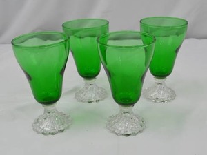 lot 43 image: Set of 4 Green Glass Goblets with Clear Decorative Bases