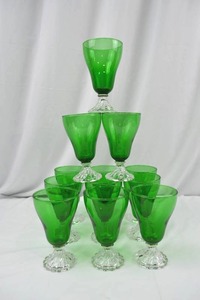 lot 44 image: Set of 9 Green Glass Goblets with Clear Decorative Stems, 7 Inch