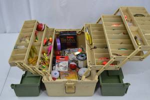 lot 212 image: Plano Tackle Box Loaded with Fishing Lures, Bobbers, and Accessories