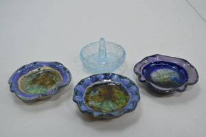 lot 107 image: Lot of 3 Glazed Ceramic Accent Dishes and Glass Ring Holder