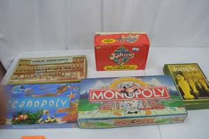 lot 225 image: Board Game Lot Monopoly Deluxe, Oceanopoly, Public Assistance, Jumpin, You Must Be Joking