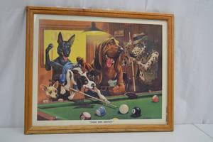lot 230 image: Framed Art Print Take the Money Dog Pool Hall 18x15