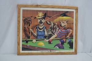 lot 233 image: Eight Ball Corner Pocket framed art print, dogs playing pool, 21 x 17 in