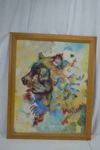 lot 234 image: Framed Bear & Human Profile Watercolor Art, 25.5 x 32 Inch