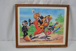 lot 236 image: Framed Baseball Dog Art Print Hes Out 21.25 x 17.25 Inches