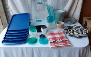 lot 12 image: Lot of Household Items including Vinyl Tablecloth, Storage Containers, and Metal Ice Bucket