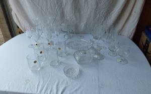 lot 13 image: Glassware Collection including Etched Mugs, Champagne Flutes, and Crystal Vases