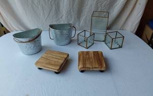 lot 15 image: Galvanized Metal Planter Buckets, Wooden Stands and Glass Containers