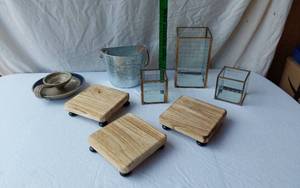 lot 16 image: Glass Vases, Galvanized Bucket, and Wooden Trivets  Risers