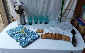 lot 18 image: Coleman Beverage Dispenser, Glassware, Wood Coasters and Kitchen Items