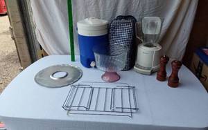 lot 19 image: Igloo Beverage Cooler and Oster Blender with Kitchen Accessories including Lid, Rack, and Shakers