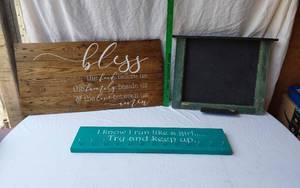 lot 26 image: Rustic Wooden Sign, Teal Hook Board, and Chalkboard Lot