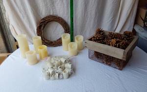 lot 38 image: Battery Candles, Pinecones, and Decorative Wreath with Basket