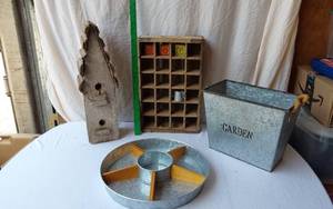 lot 39 image: Wooden Birdhouse, Metal Tray, and Garden Box with Accessories