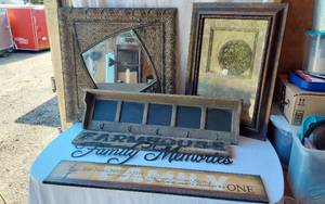 lot 47 image: Decorative Home Decor Lot including Ornate Mirror, Framed Art, and Wood Signs