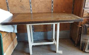 lot 48 image: Rustic Wooden Dining Table with White Legs and 4 Chairs - 58 34 Long, 33 Wide, 37 12 Tall
