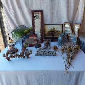 lot 54 image: Decorative Home Items including Framed Art, Metal Jug, and Wooden Words