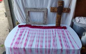 lot 72 image: Wooden Cross, Picture Frame, and Pink Beaded Valance