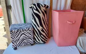 lot 82 image: Zebra Print Storage Ottoman, Zebra Print Pillow and Pink Hamper