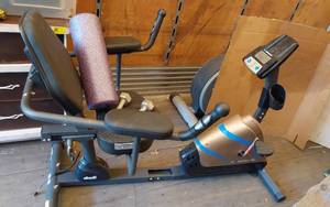 lot 96 image: Exerpeutic Recumbent Bike with Dumbbells and Foam Roller