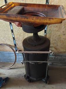 lot 150 image: Portable Oil Drain Tank with Drip Pan - Damaged in Multiple Places