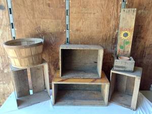 lot 156 image: Wooden Crate and Basket Lot including Sun-Kist Crate, Wooden Box, and Basket
