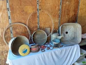 lot 158 image: Vintage Metal Items including Galvanized Buckets, Watering Can, Gear, License Plate and Metal Rings