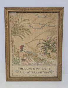lot 211 image: Lovely Antique 1910s-20s Needlepoint Artwork  - The Lord is My Light & My Salvation