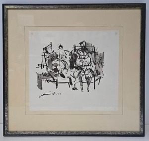 lot 25 image: Excellent Framed Signed Vintage Mid Century AbstractSurrealist Artwork - Dated 1963
