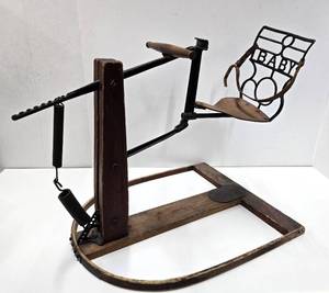 lot 54 image: Fantastic & Unusual Antique Iron Wood & Leather Baby Bouncing Chair