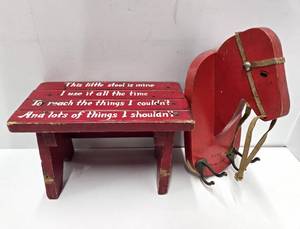 lot 55 image: Vintage 1950s era Wooden Stepstool & Horse HatCoat Rack