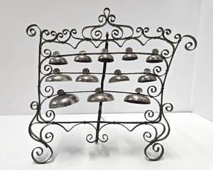 lot 56 image: Antique Tabletop Wrought Metal Carillon Musical Bells Instrument - Great Green Color