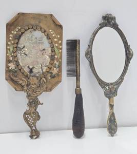 lot 64 image: 2 Ornate Antique Victorian Hand Mirrors & Antique Brass Hot Comb