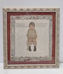 lot 69 image: Very Nice Antique 1910s-20s era Framed Hankie wYoung Boy
