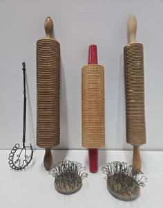 lot 71 image: Group of Antique Primitive Items Rolling Pins Wire Items etc