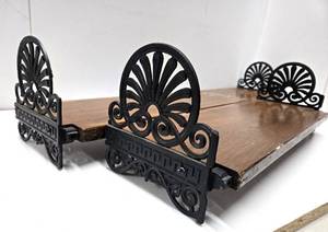 lot 75 image: 2 Ornate Iron & Wood Wall Book Shelves