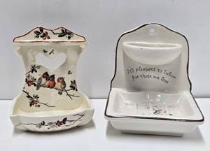 lot 77 image: 2 Signed Antique Ceramic  Porcelain Wall Soap Holders