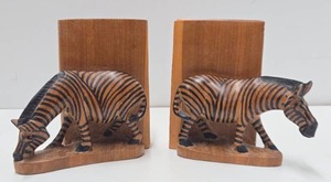 lot 78 image: Carved Wood Zebra Bookend Set