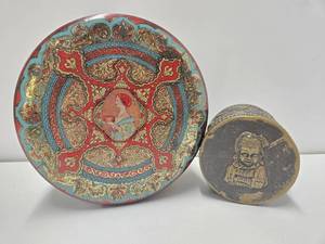 lot 86 image: 2 Old Antique Tins - Including Interesting Old Embossed Brass 